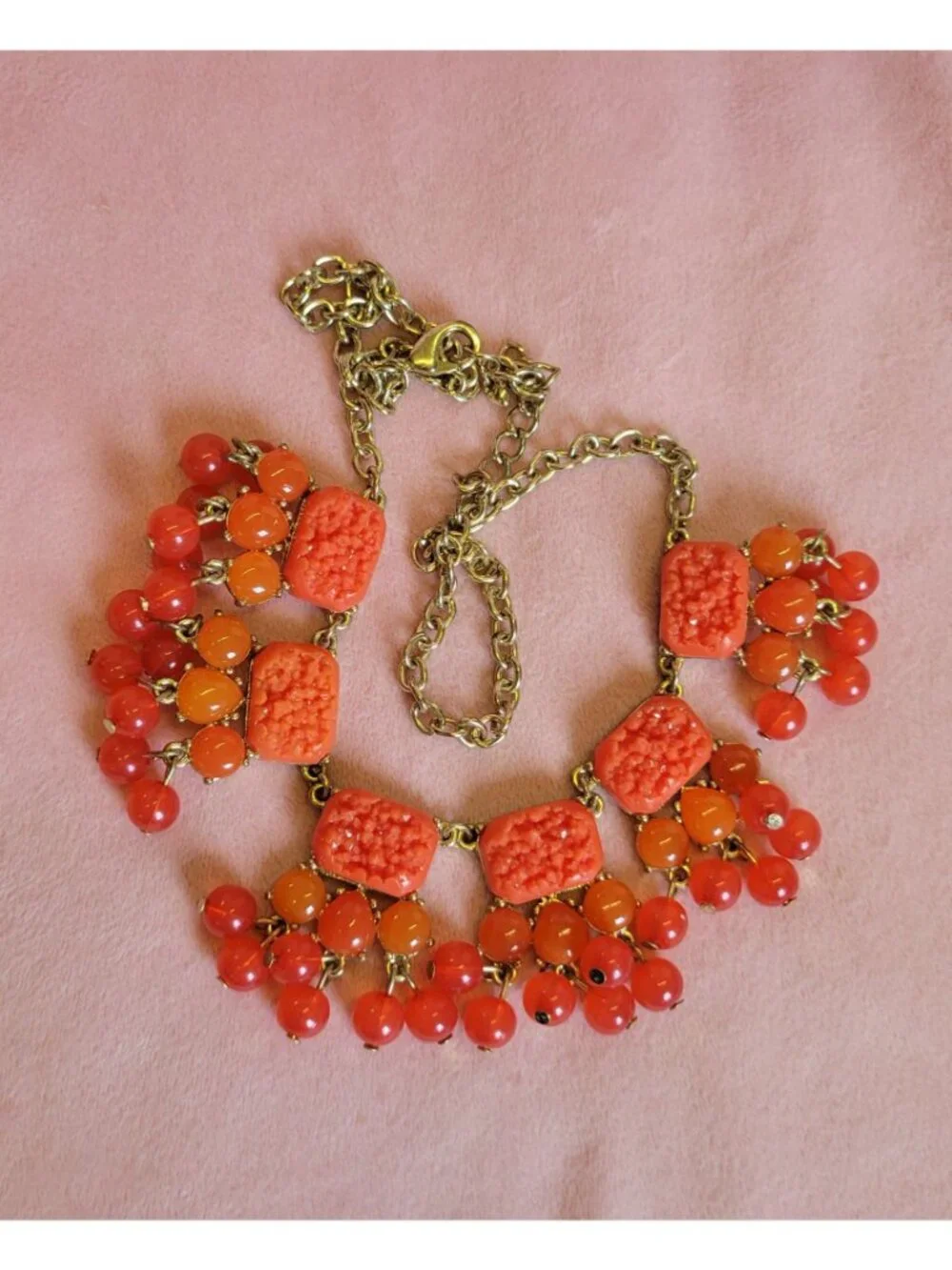Bright Orange Gold Tone Chain Beaded Dangle Costume Necklace N1A
